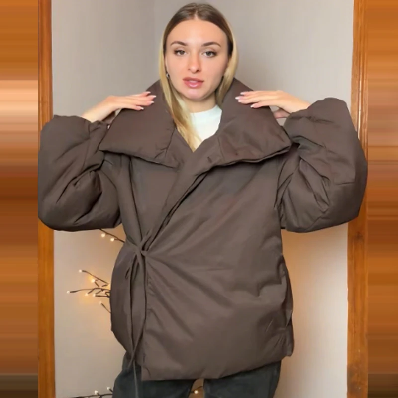 HXAO Lichtgewicht gewatteerde jassen Dames winterjas Crop Veterjas Bruin Gewatteerde jas met lange mouwen Chique Verwarming Outerwears