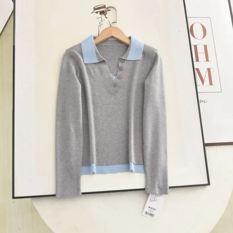 

Осень 2022, новый цветной блузкий воротник, облегающий вязаный свитер, искусственный двухсекционный длинный свек, женский модный трикотаж