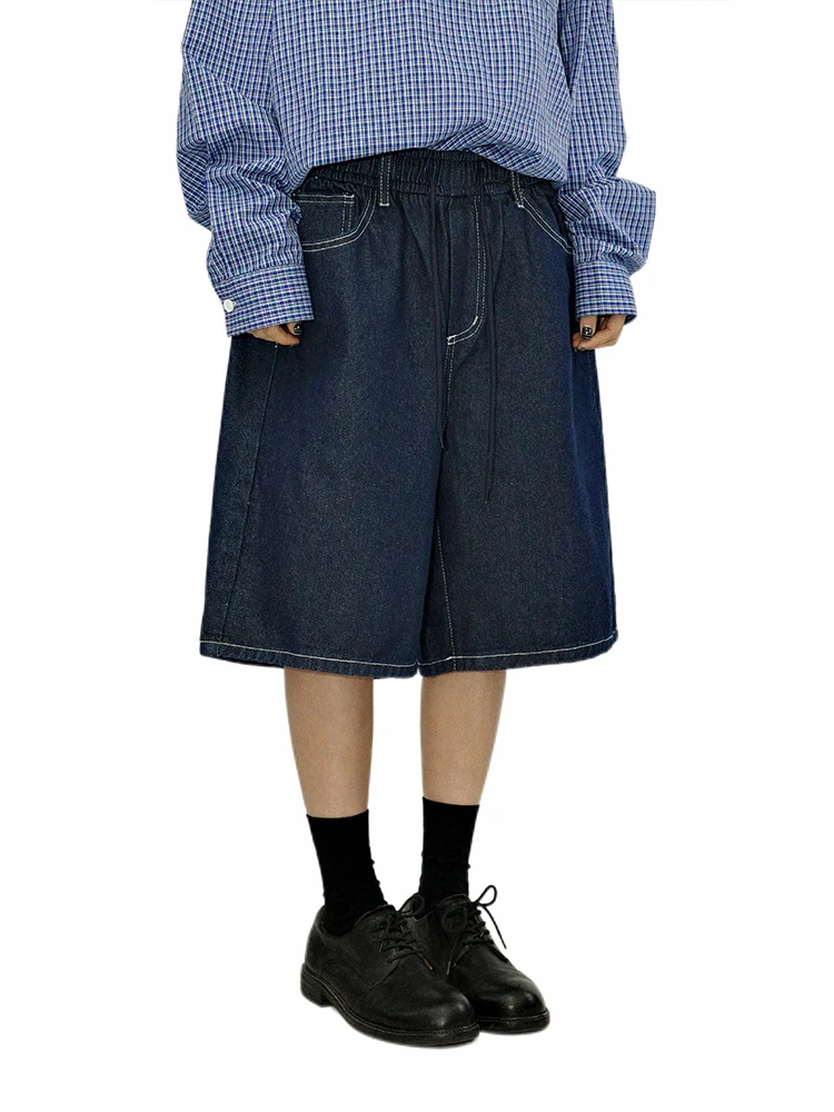 

Широкие джинсовые шорты Gulu Oh в американском ретро-стиле, унисекс, темно-синие, с эластичным поясом, повседневные