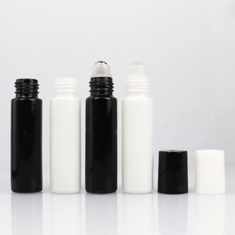 

100pcs 10ml Refillable Black White Empty Glass Essential Oil Perfume Roll On Bottles With Stainless Steel/Glass Roller Ball