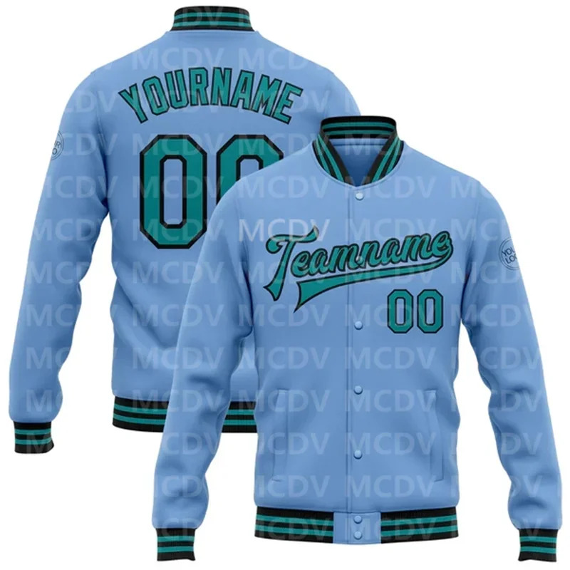 Custom Light Blue Teal-Black Bomber Full-Snap Varsity Letterman Jacket  Baseball Button Jacket