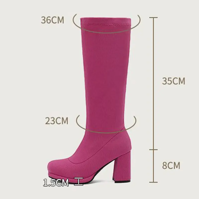 REAVE CAT Brand Women Knee High Boots Round Toe Block Heel 8cm Platform 1.5cm Slip On Size 47 48 Dating Female Stretch Bota