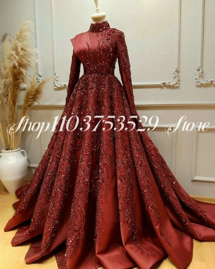 

Burgundy High Neck Muslim Evening Dresses Luxury Burgundy Inlaid Sequins Applique Long Sleeve Custom Ethnic Wedding Dresses