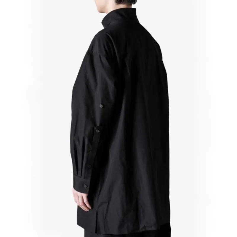 WVGA printemps automne nouveau homme marée col montant plissé à la mode longue chemise en coton Niche Chic décontracté réglable haut Ins W12988