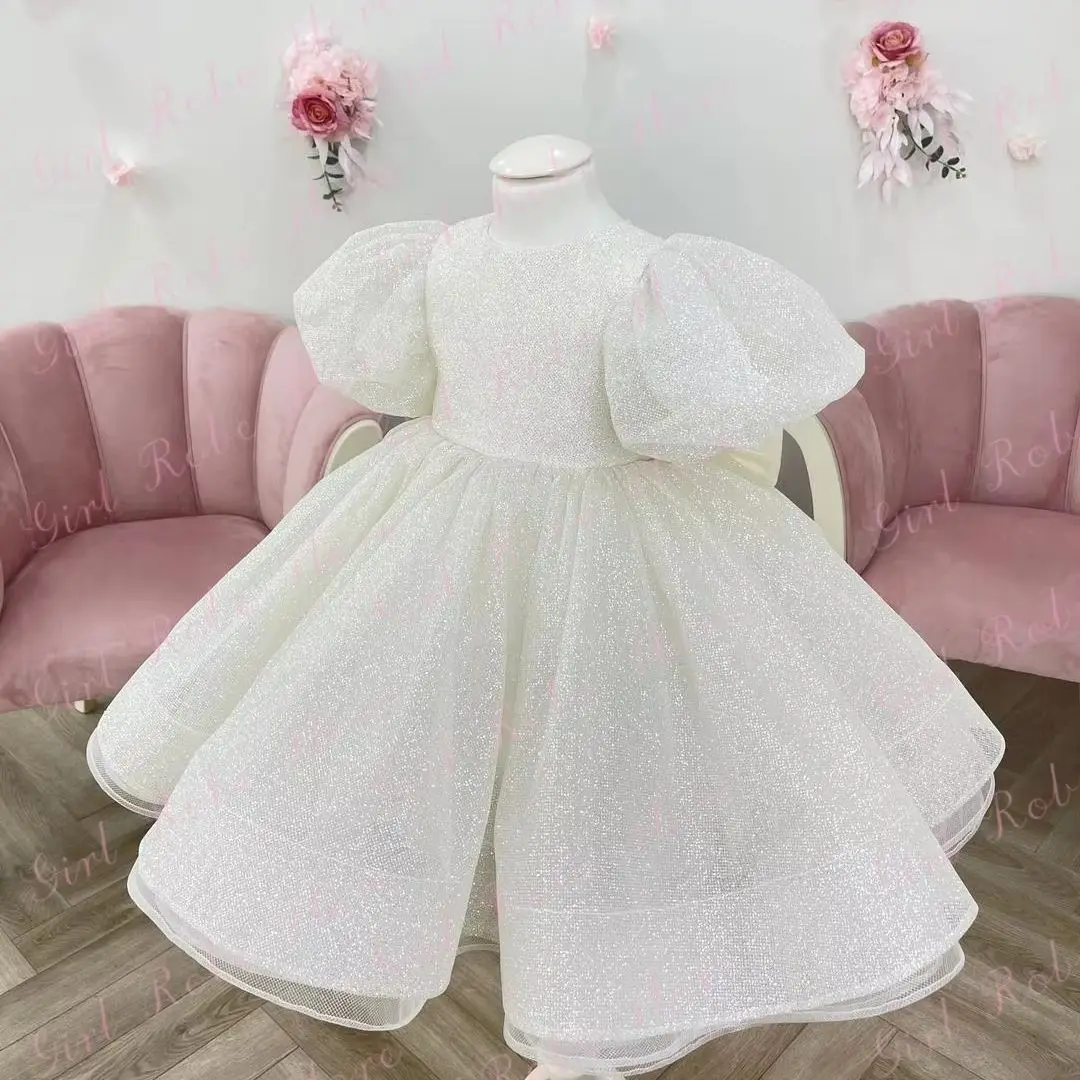 Glitter Tulle Ivory Flower Girl Dress For Wedding Puffy Sleeves Layered Floor Length Elegant Little Girl Birthday Pageant Gown