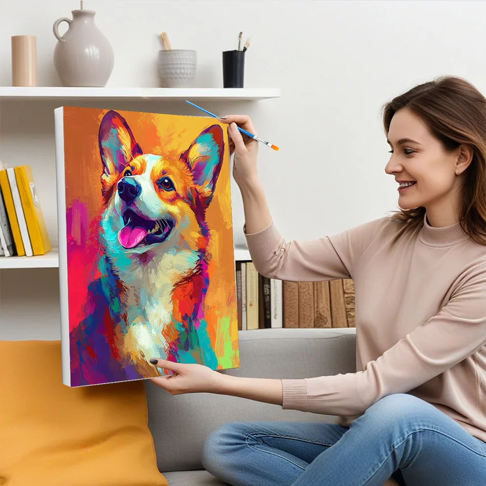 صورة RUOPOTY مع أرقام لطيفة كورجي صورة زيتية رسم تلوين هدية يدوية ديكور غرفة المعيشة للمنزل #3