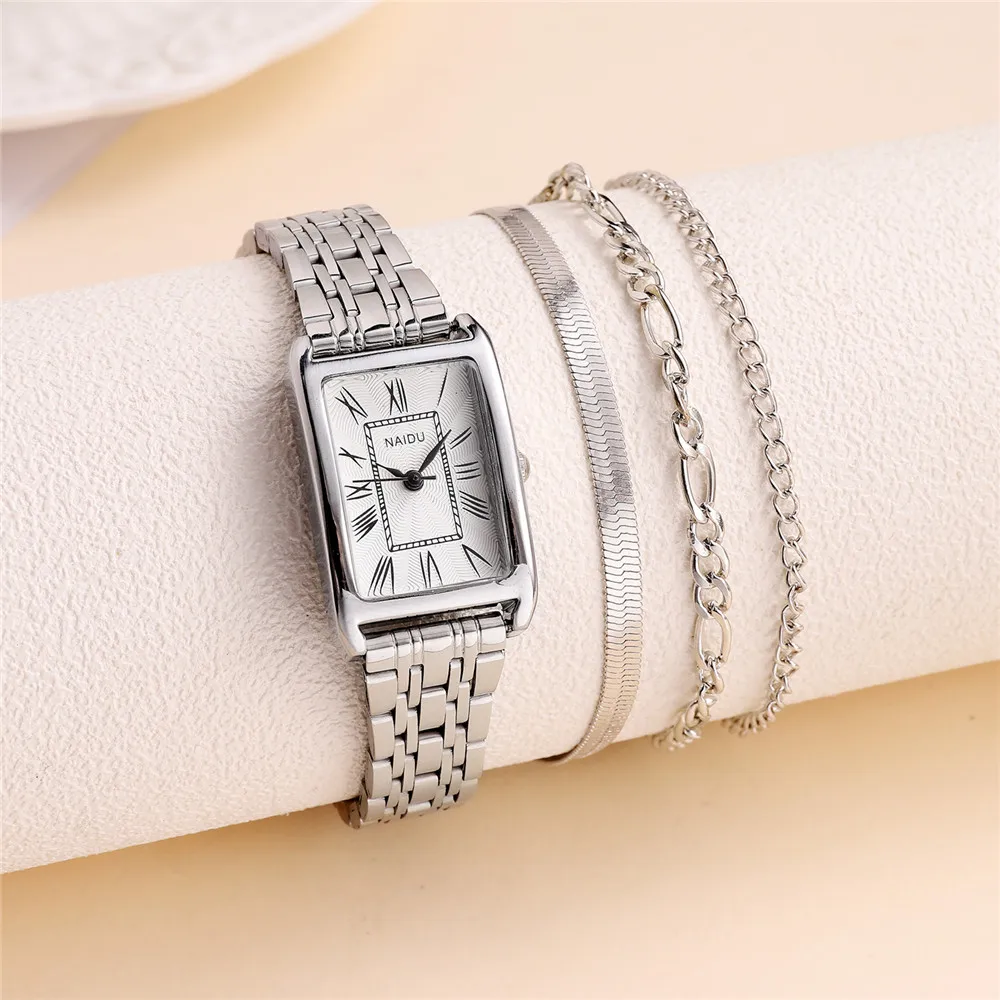 2pcs/set fashion elegant rectangle dial steel women quartz watch