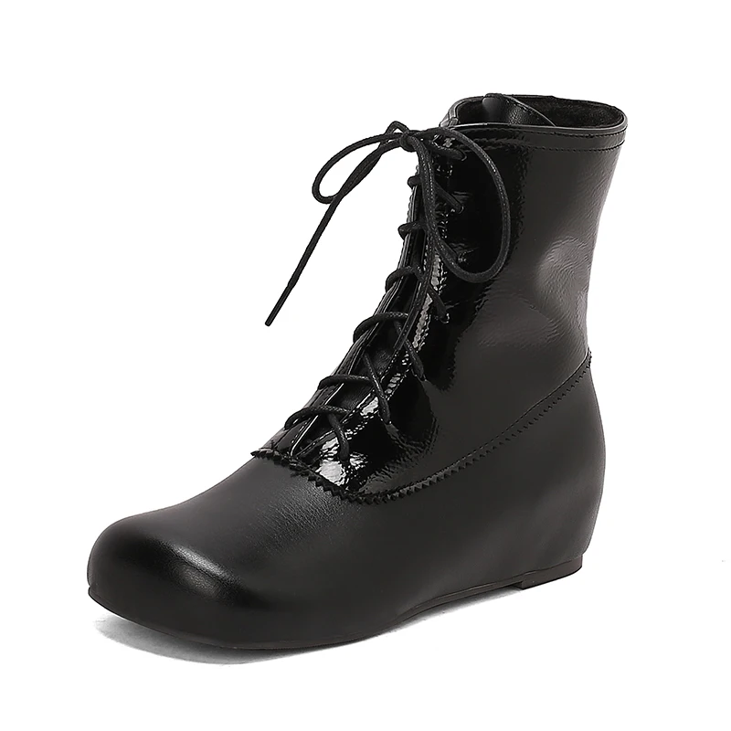 

Ankle Boots for Women Patchwork Lace Up Short Booties Round Toe Height Increasing Shoes