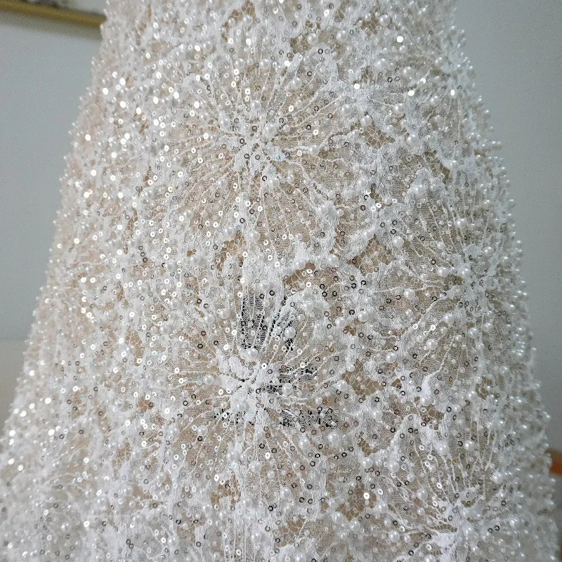 Bestickter Spitzenstoff für Hochzeitskleid, 3D-Blumen, Perlenpailletten, Perlenschlauch, Senior Shining Bride Stoff, RS4076 – Detail 4