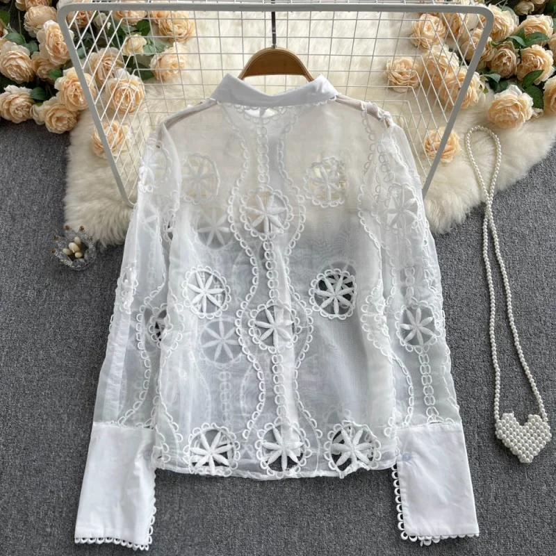 Fashion Vintage Embroidery Hollow Out Sexy Long Sleeve Women Shirt Casual Loose White Tops See Through Blouses