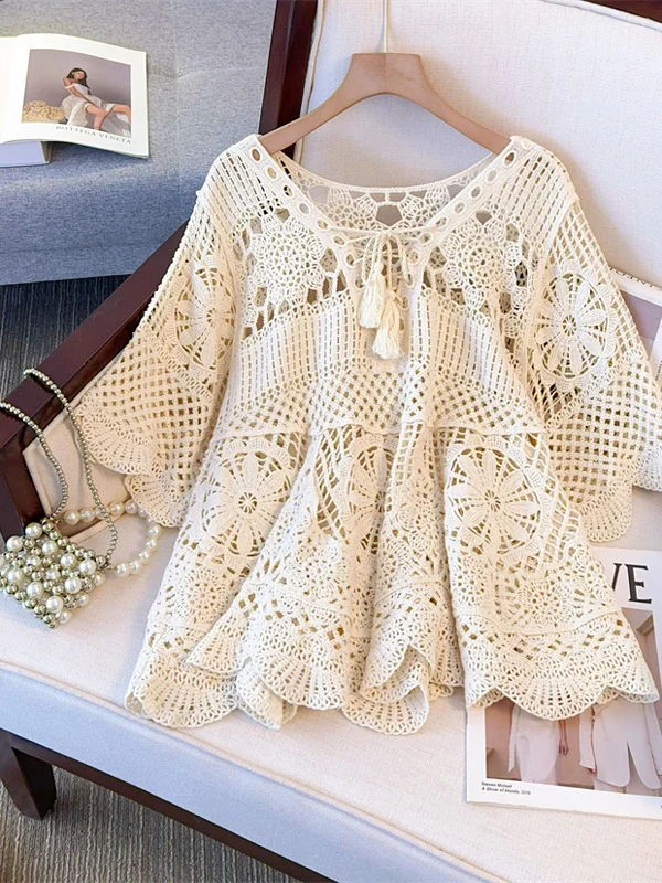 Knot Waist V-Neck Knitted Cover up Women's Thin Summer Large Size plus Design Sense Belted Hollow out Sun Protection Top