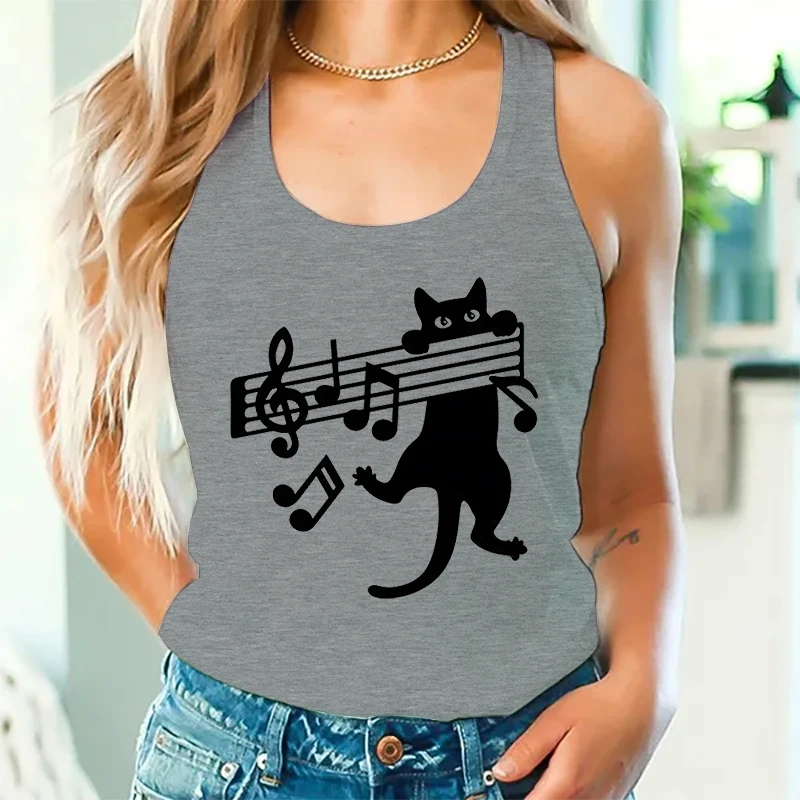 Cat Mom Gift Summer Short Tops Cartoon Cute Musical Note Cat Graphic Racerback Tank Top Women Cute Kitten Music Lovers Sexy Tops