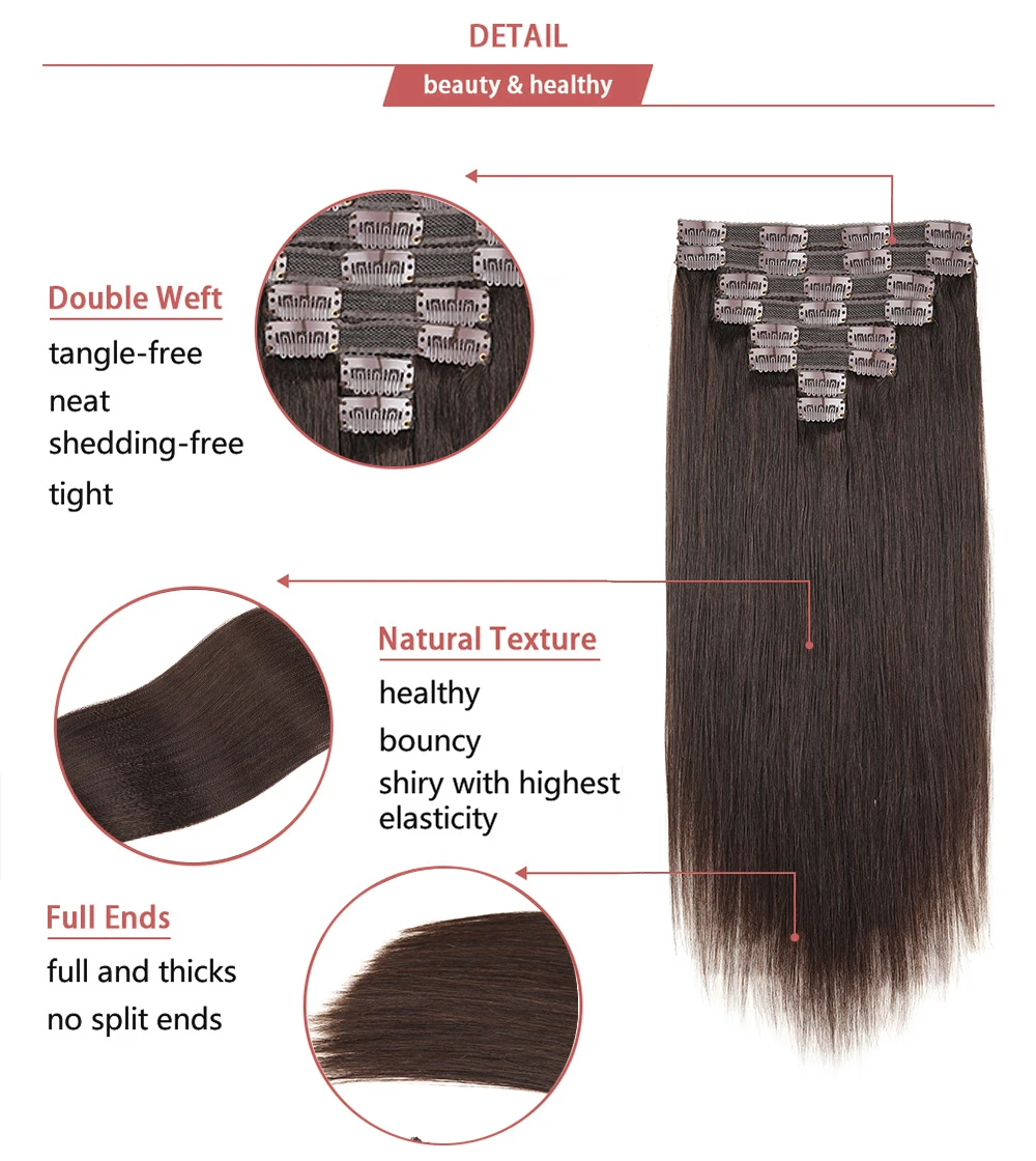 8 Uds. Extensiones de cabello con Clip marrón Chocolate, Clip de encaje Remy liso en extensiones de cabello humano para mujeres, cabello con Clip de 12-18 pulgadas