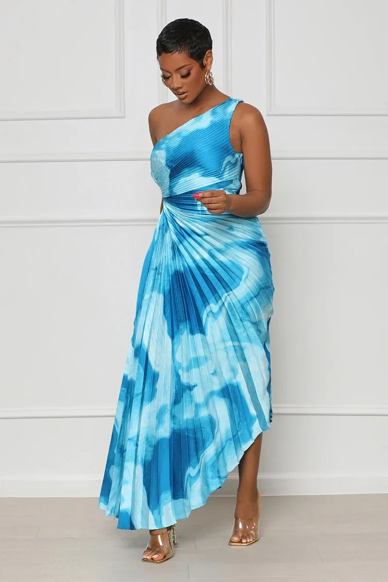 

Chocomist Dresses Beach Style Tie-dye Folds One-shouder Women Maxi Dress