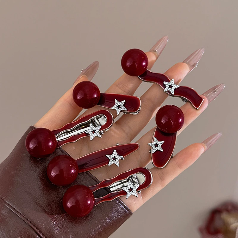 Dark Red Polka Dot Alloy Hairpin Cute Point Sweet Girls Women Duck Bill Clip Bangs Clip New Fashion Headwear Hair Accessories