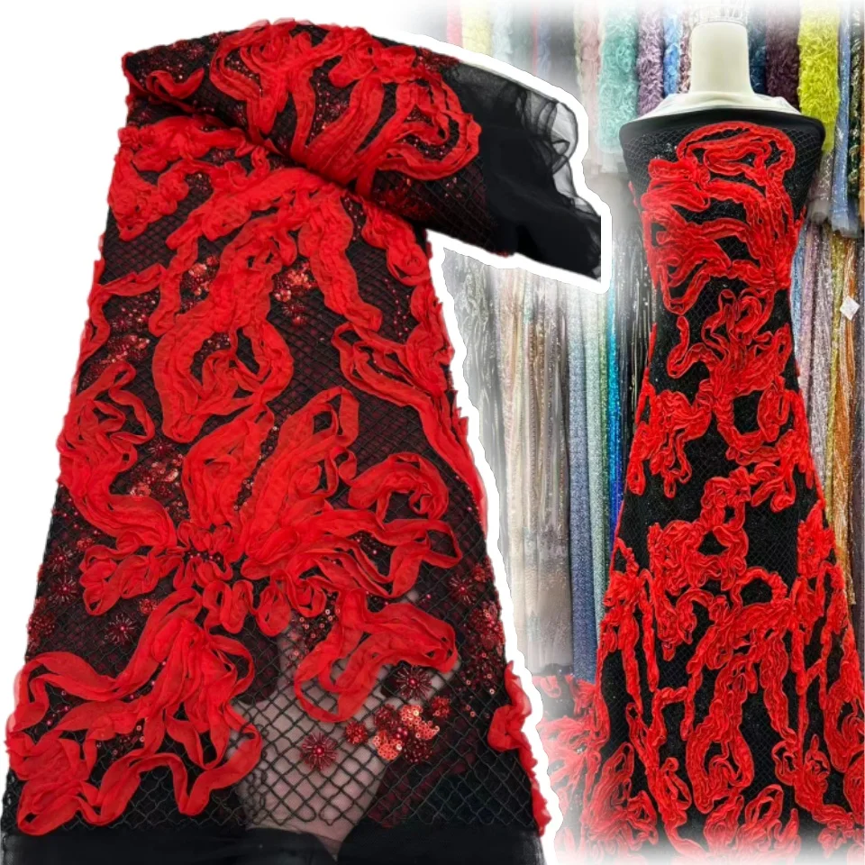 

3D модная африканская кружевная вышивка с перьями, кружевная ткань с бисером, 2022, высокое качество, французская нигерийская ткань с блестками, шитье платья Z1555