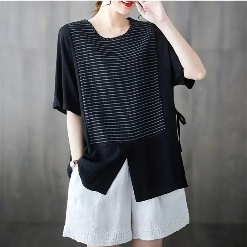 Fashion Striped Patchwork T Shirts Summer New Short Sleeve Loose Solid Split Hem Casual Tops Tees Vintage Trend Women Clothing