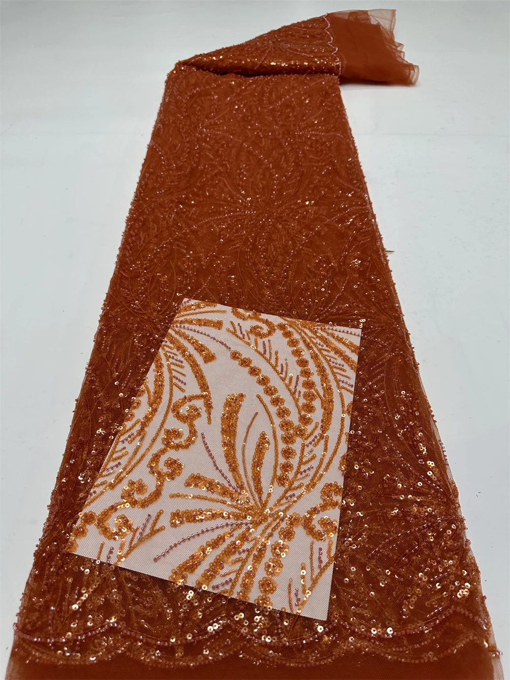 Orange African Groom Lace Fabrics 2024 High Quality Nigerian Embroidery Tulle Sequins Lace Fabric For Party Dress 5 Yards/Lot