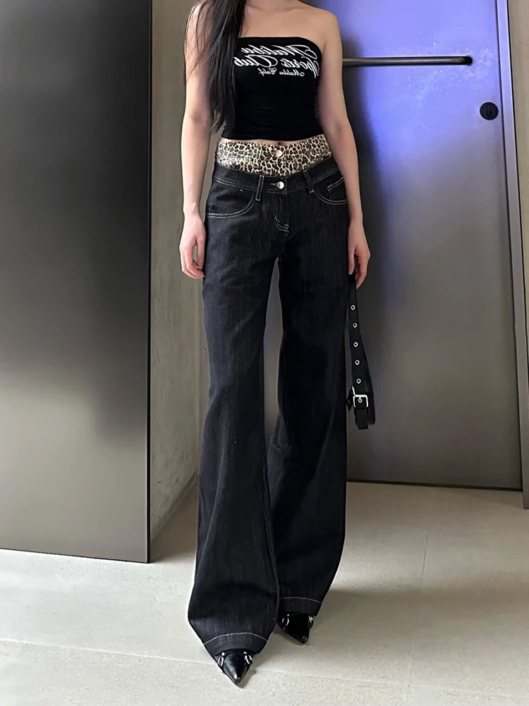 

Американские ретро джинсы с леопардовым принтом, женские летние новые дизайнерские джинсы Sensation, искусственные двухсекционные прямые широкие брюки длиной до пола...