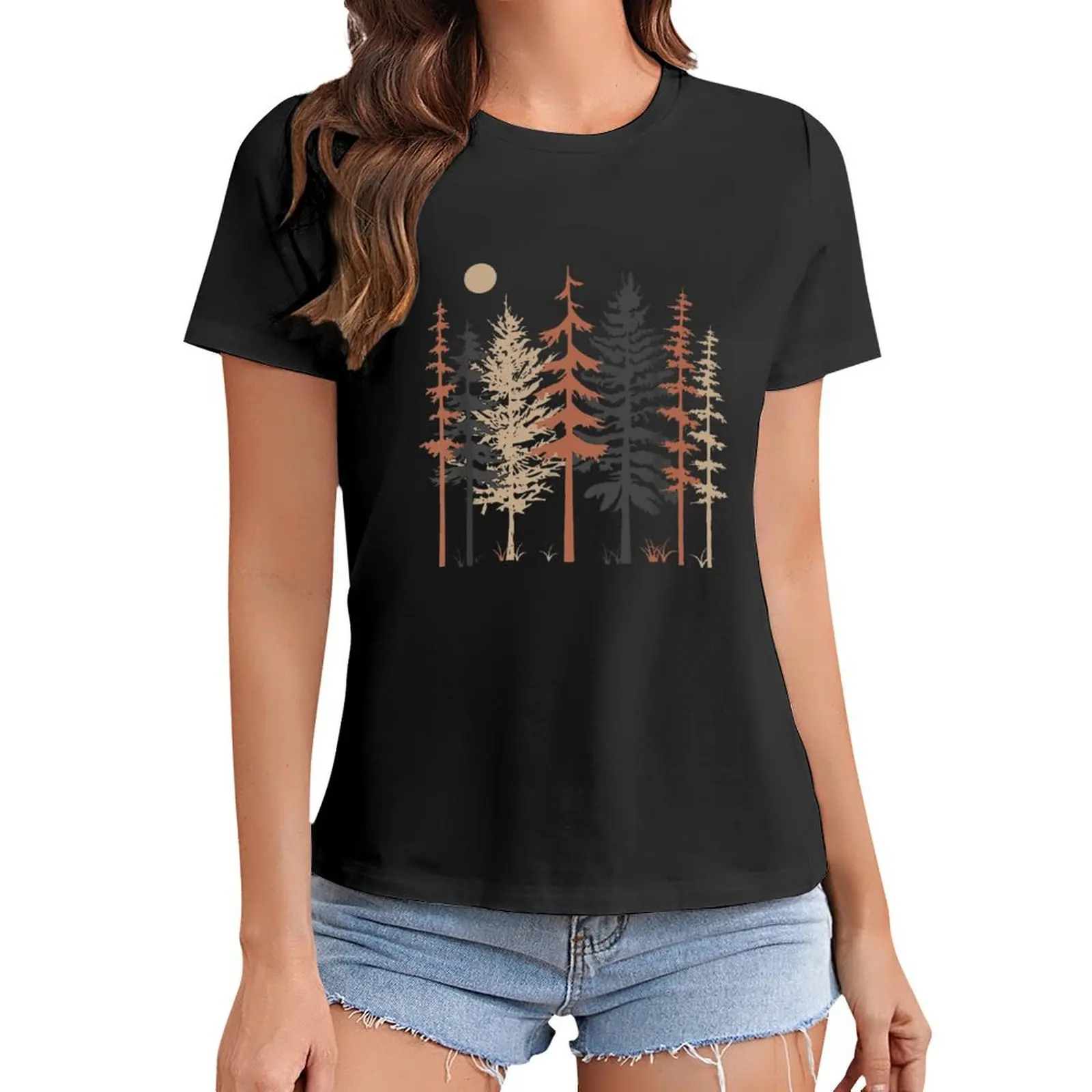 Womens Camping Gaphic Tree Scene Forest Hiking Trendy Women Print T Shirt Graphic Shirt Casual Short Sleeved Female Tee T-Shirt