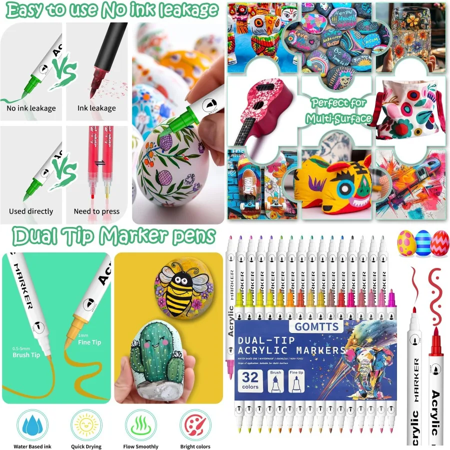 

32 Colors Markers with Dual Tips for Adult Coloring Books Rock Painting Canvas Wood Fabric Glass and DIY Crafts Multi-Surface P