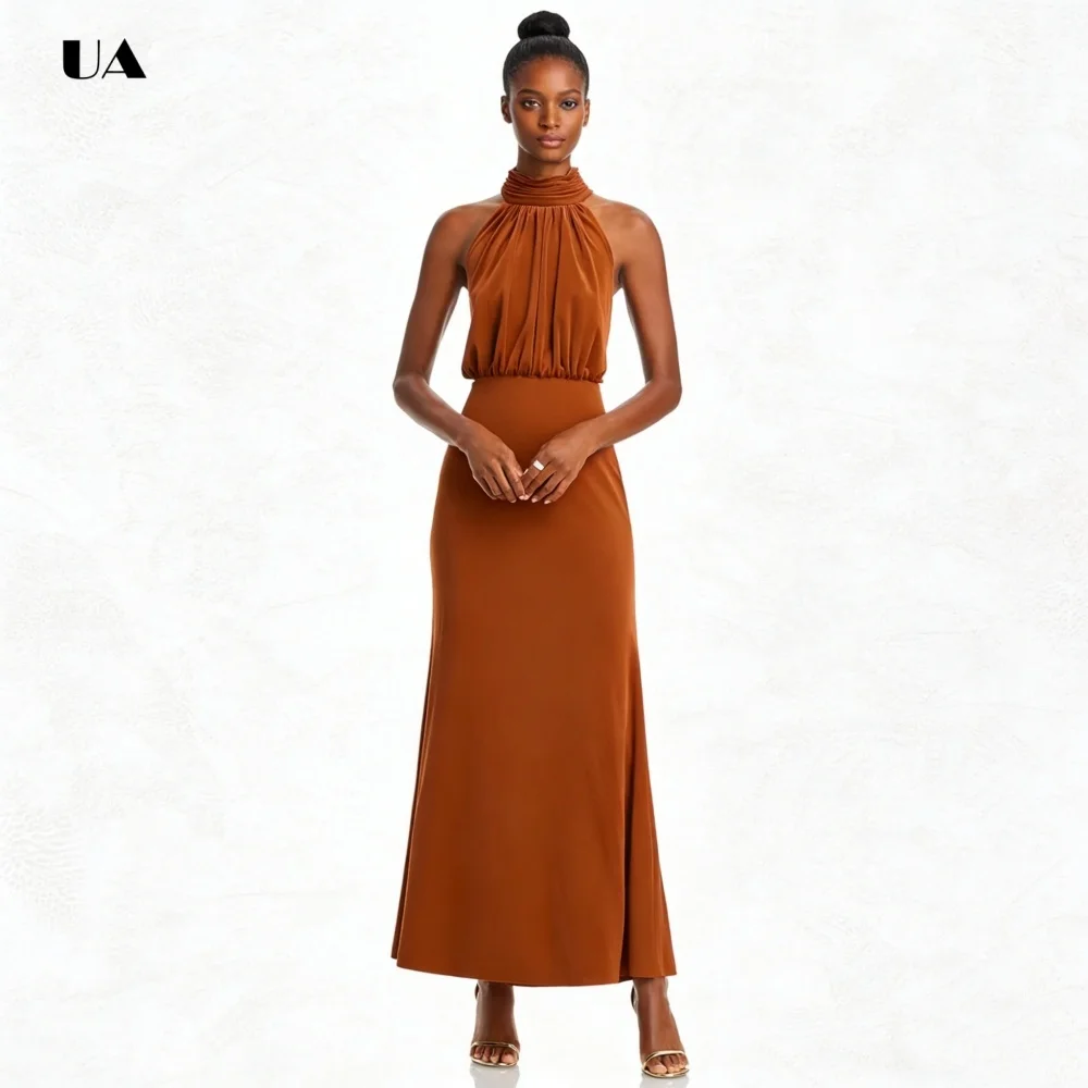 

Elegant A-line Prom Dress with Mock Neck,Solid Sleeveless Evening Dress with Draped Detail,Classic Velvet Customized Party Gown