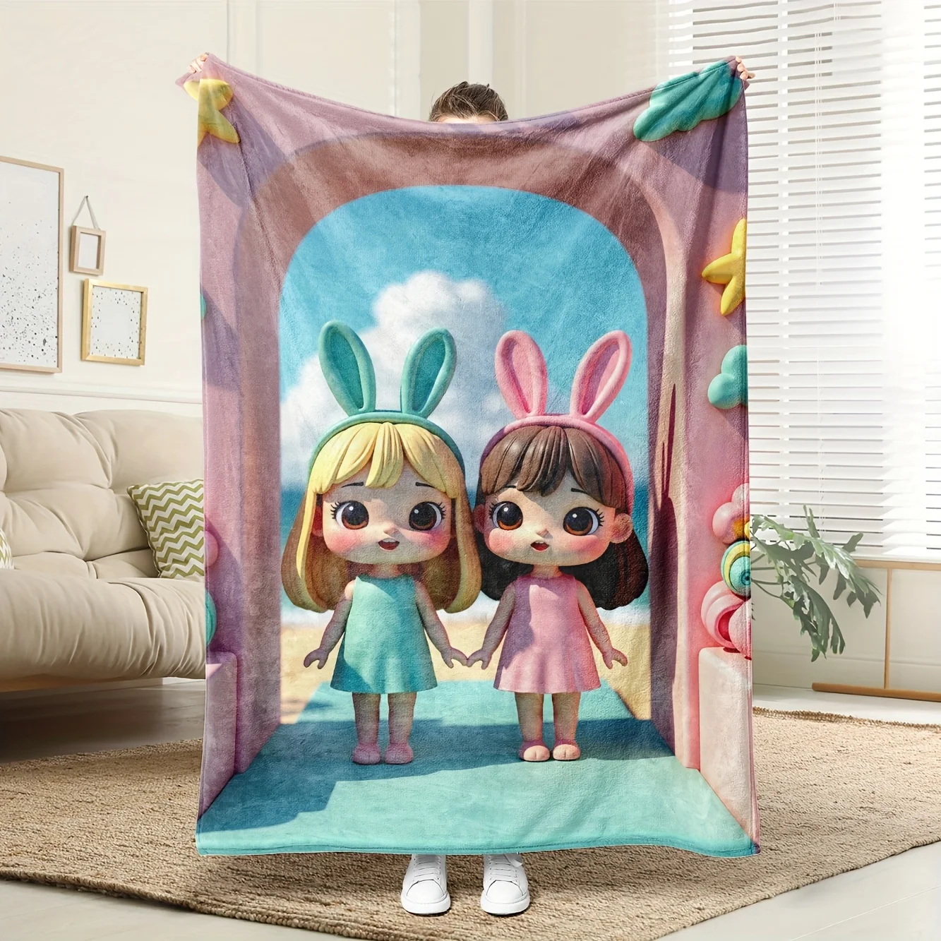 Top Pick Pastel Pink & Bunny Flannel Blanket - All-Season Throw - Machine Washable Kids Women Birthday Christmas Gift
