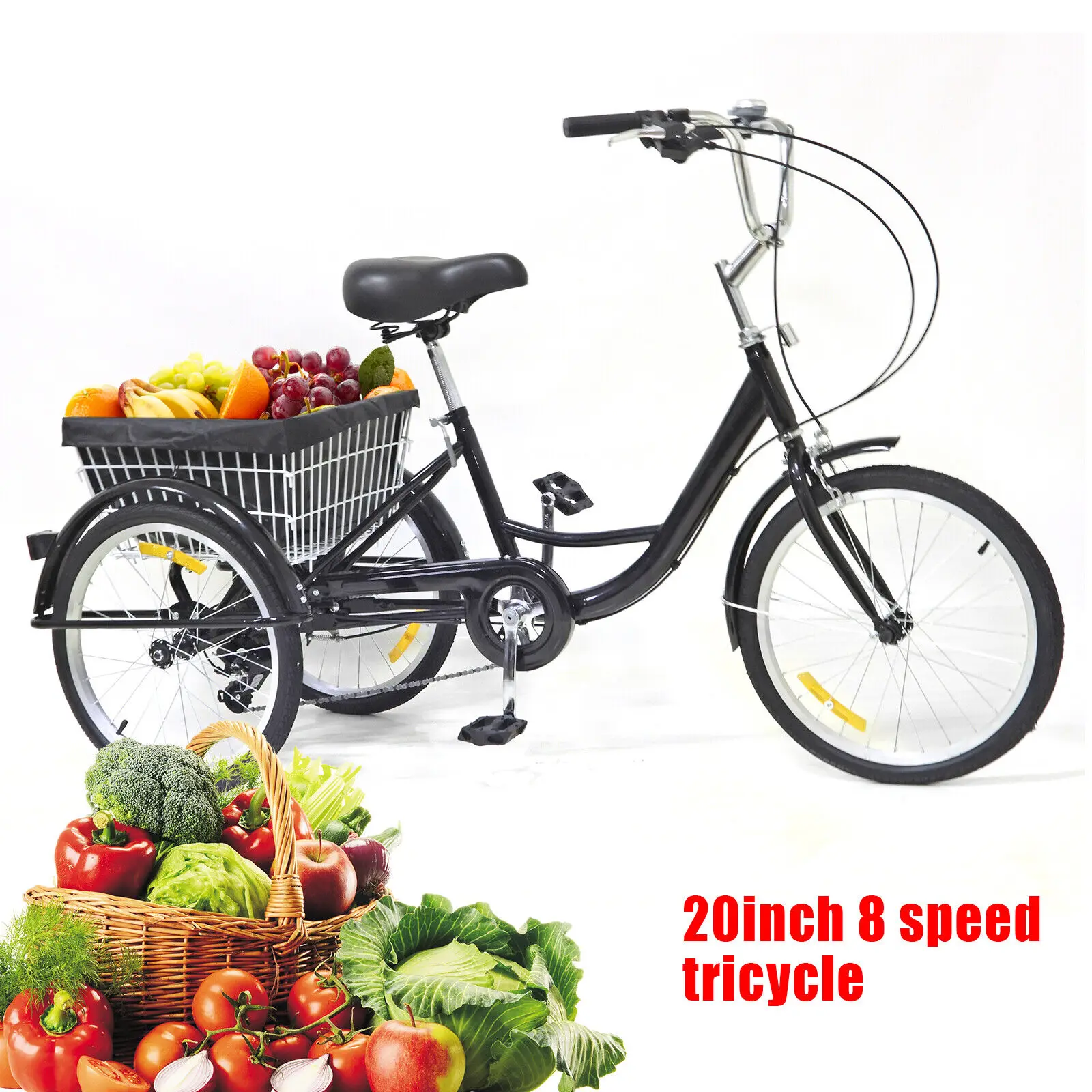 20/24 Inch 8-Speed Tricycle for Adult  Seniors  3 Wheels Trike Bicycle with Shopping Basket Lamp Black White