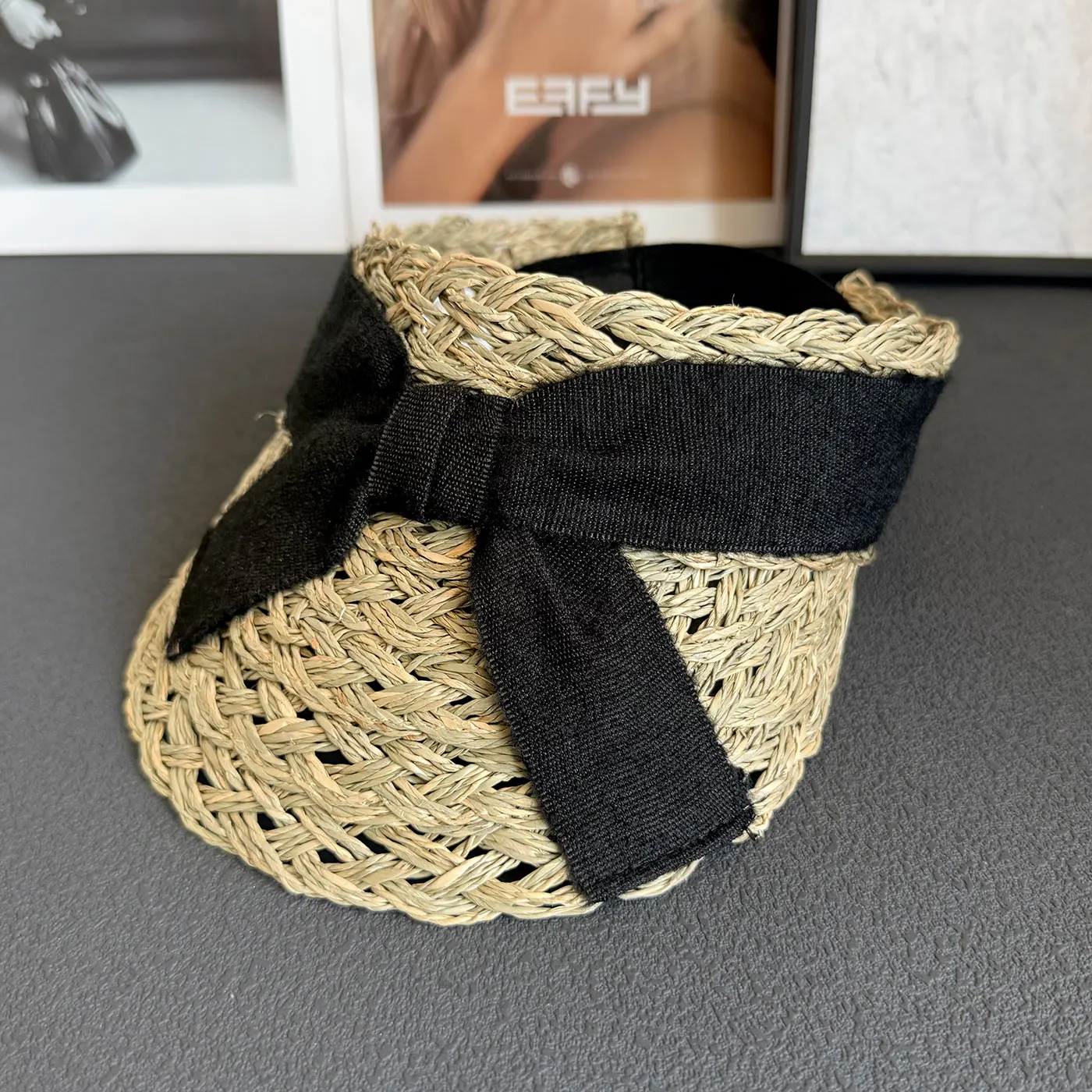 

TOMKHU Natural Grass Hollow Top Visor Sunshade Hat Retro Black Bow Sun Hat Girl Cap Designer Casquette Women Caps