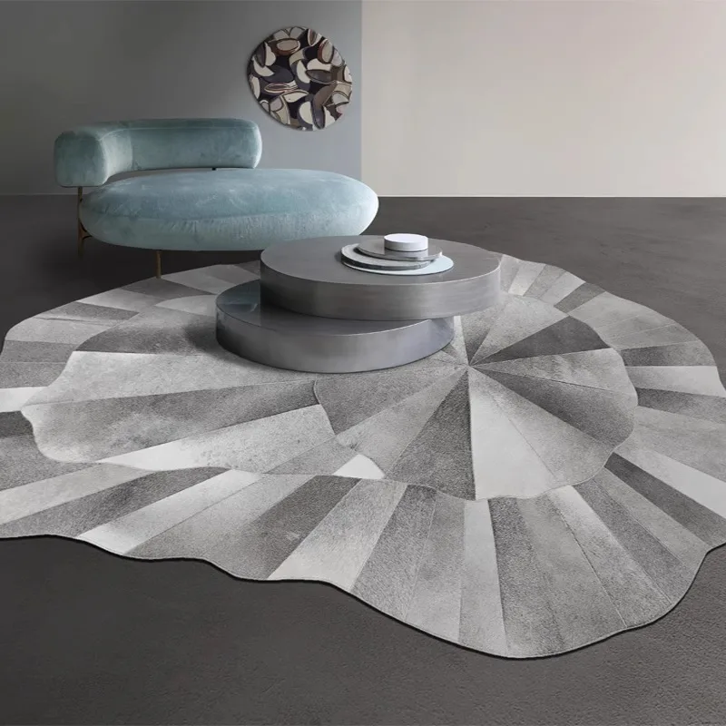 Grey Real Cowhide Carpet Living Room Modern Creative Irregular Area Rug for Sofa Coffee Table Floor Rug Bedroom Bedside Mat Rug