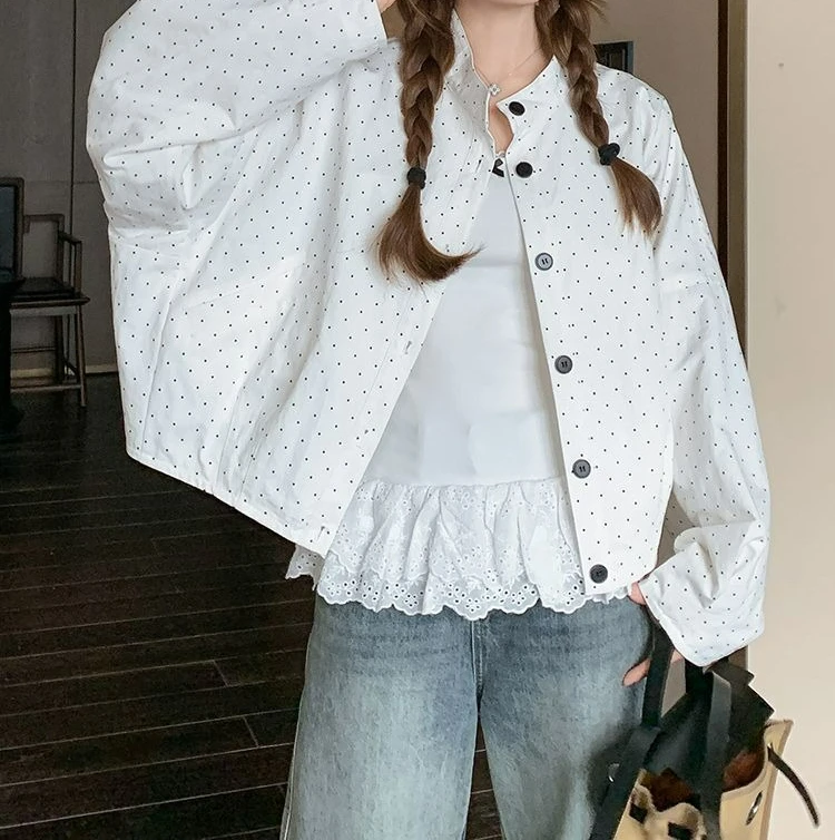

Casual Loose Polka Dot Stand-up Collar Jacket Women's Spring Fashion Versatile Top