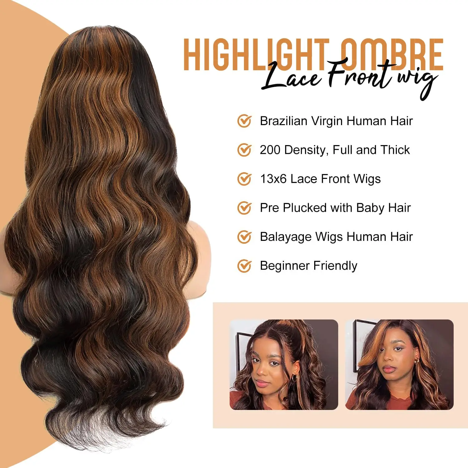 Immagine 6: Parrucche in capelli umani con frontale in pizzo 13x6, colore ombré nero-marrone, pre-strapazzate, 30 pollici, ondulate, per donna.