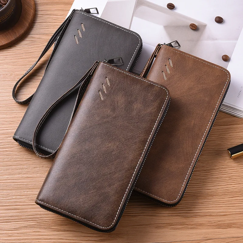 新しいトレンドのジッパー付き長財布、高級メンズビジネスマネーバッグ、大容量レトロPUレザーカードバッグ、マルチカードコインパース