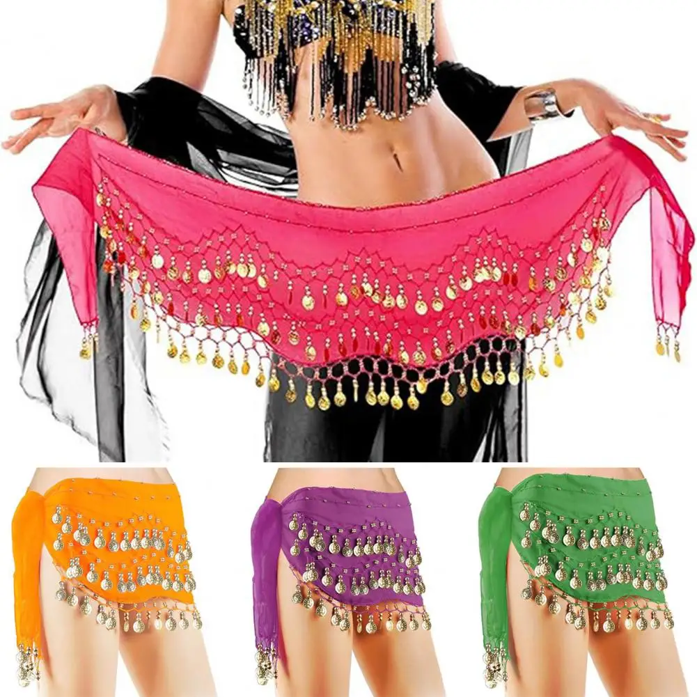 Belly Dance Hip Scarf Women Waist Scarf Belly Dance Skirt with 98 Golden Coins Knot Tying Hip Wrap for Dance Training Beach Wear