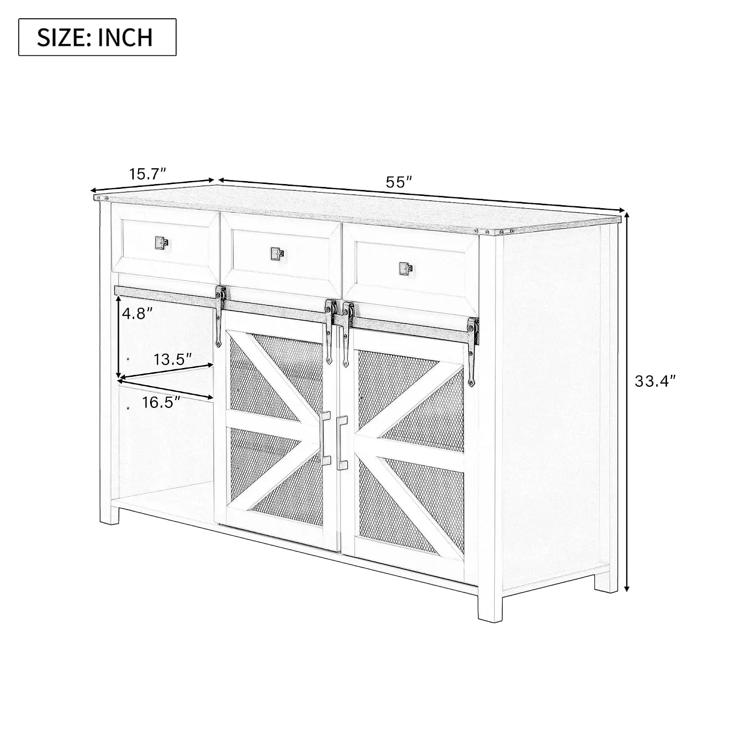 Multi-Functional 55'' TV Stand Sideboard with Sliding Barn Doors and 3 Drawers, Wood Storage Cabinet Entryway, Customized