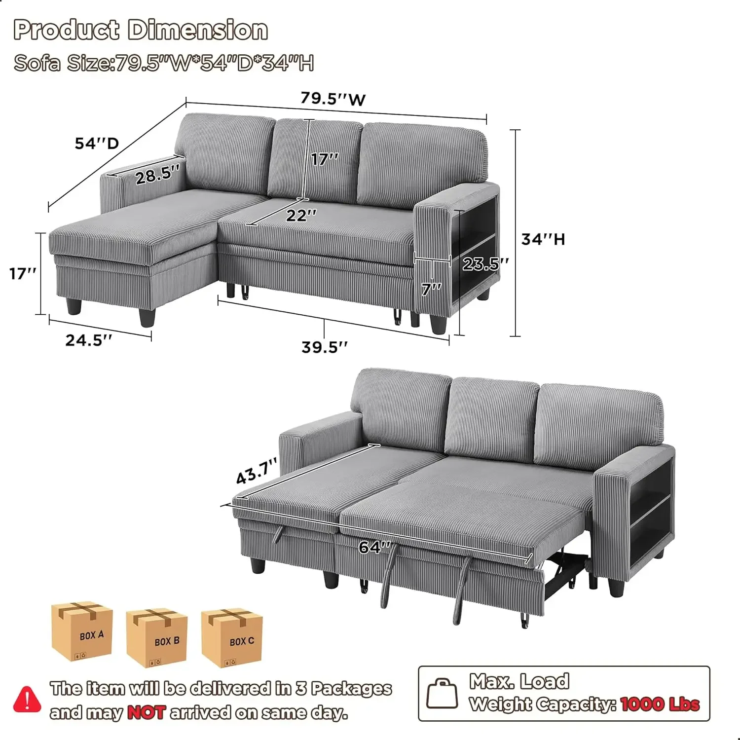 80”Sleeper Sofa Bed,L-Shaped Convertible Sectional Striped Couch Bed with Storage Chaise,2 Built-in Bookshelves