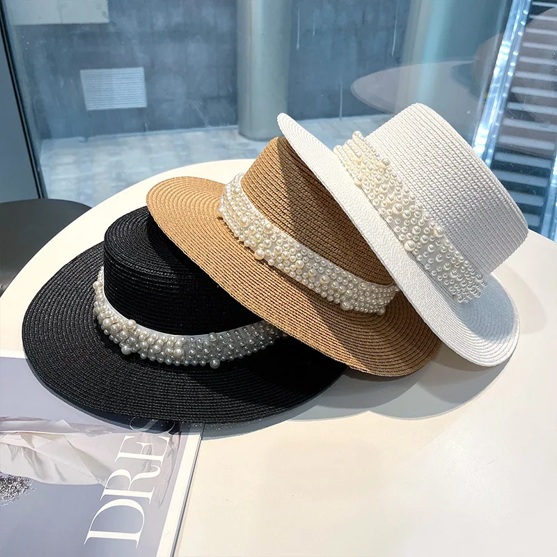 2023 New Flat Top Straw Hat Pearl Decoration Leisure Summer Sunscreen Hat Women\'s Fashionable Beach Boater Hat Gifts