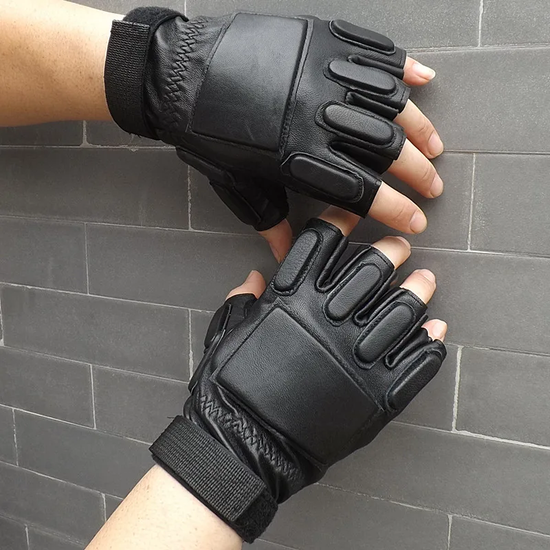 Guantes sin dedos de cuero para hombre, manoplas sin dedos para amantes, guantes de conducción de cuero tácticos para exteriores de medio dedo negro para hombre