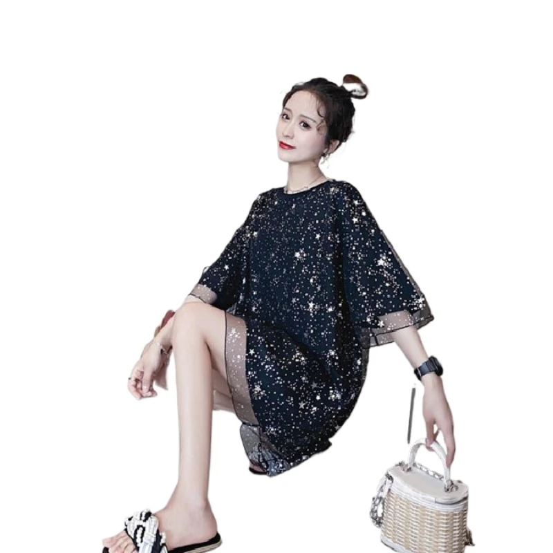 เย็บตาข่ายยาว 2025 เสื้อยืดแขนสั้นสองชิ้นปลอมฤดูร้อนกระโปรงลําลองเกาหลี