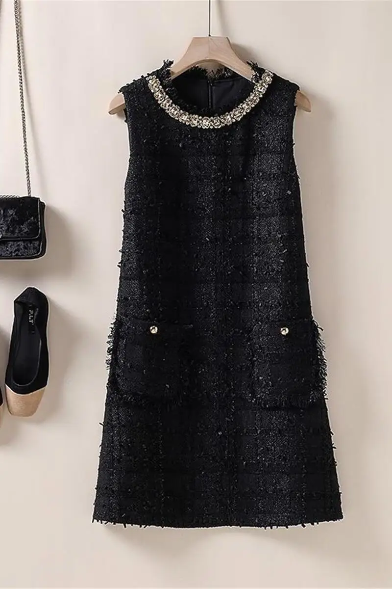 

Новое французское твидовое платье с небольшим ароматом, женское платье трапециевидной формы с круглым вырезом без рукавов и карманами из бисера, модные вечерние платья, элегантные платья