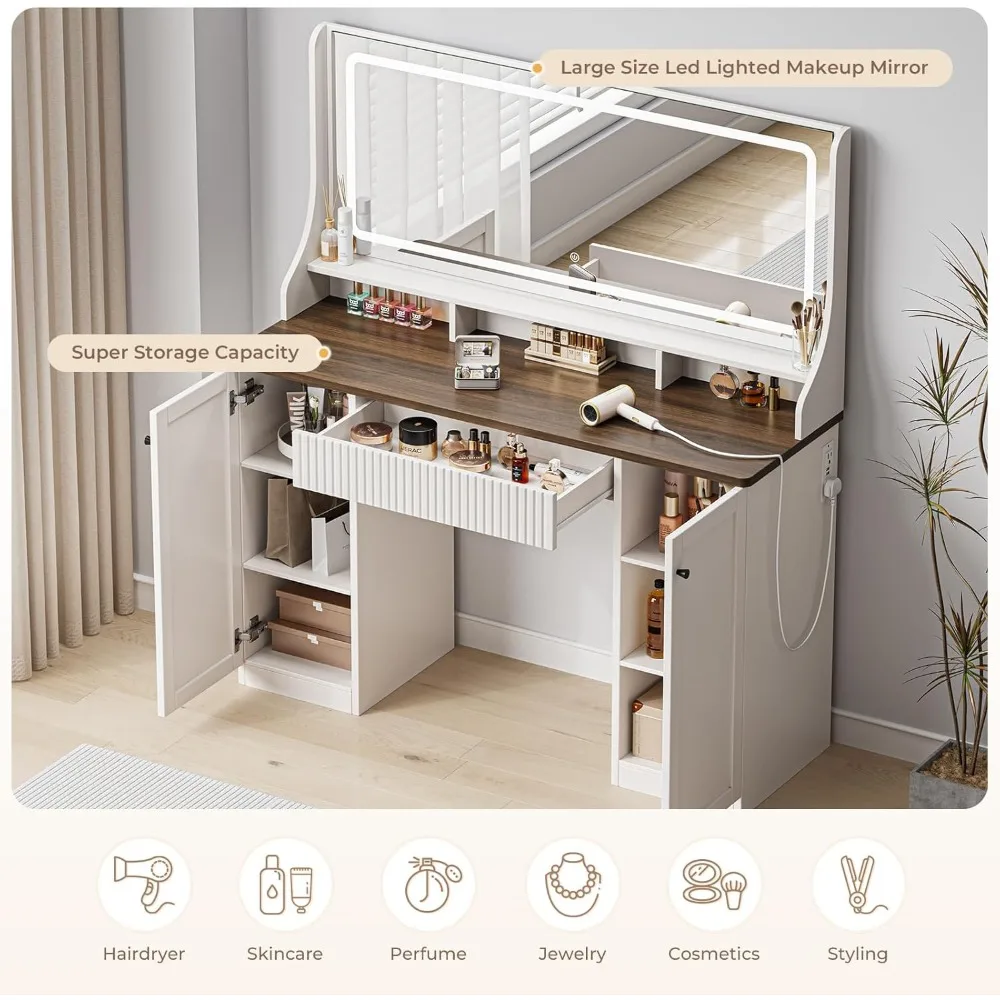 مكتب مكياج مضيء مقاس 46.5 بوصة مع مرآة وأدراج تخزين وخزائن وأضواء LED بثلاثة ألوان