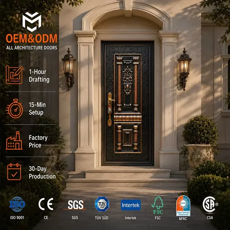 Dedun Custom Latest Design Factory Fancy Modern Wrought Iron Exterior Metal Steel Anti-theft Pivot Entrance Door