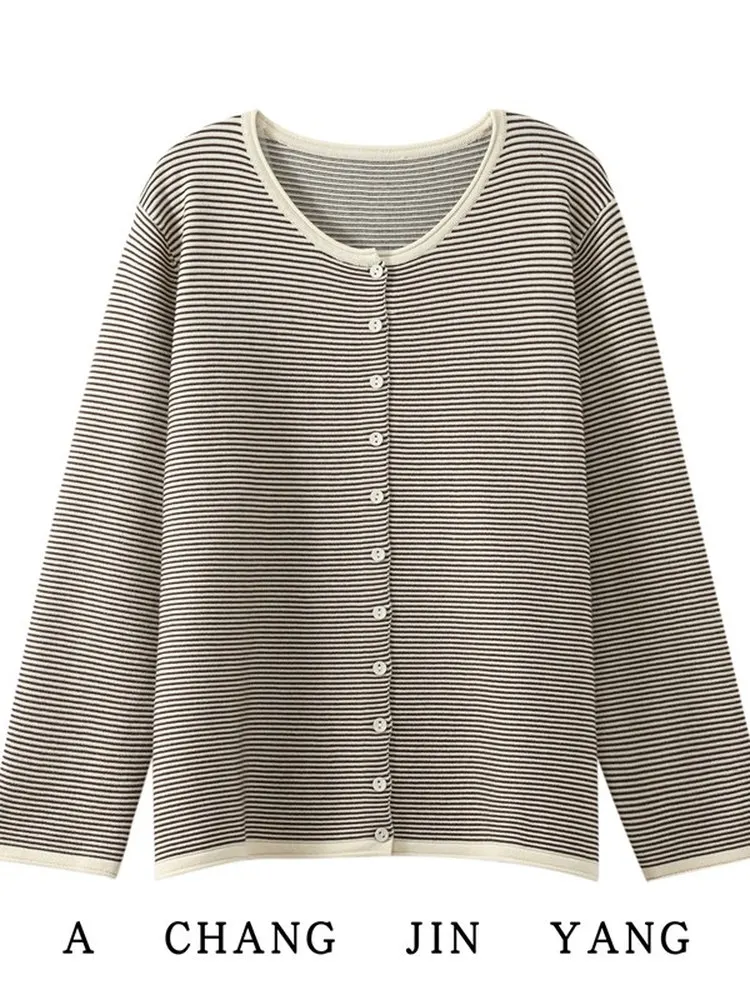 

Ladies Loose Fit Knitted Cardigan round Neck Button up Slimming Summer Outerwear Casual Stripe Pattern Base Layer Shirt