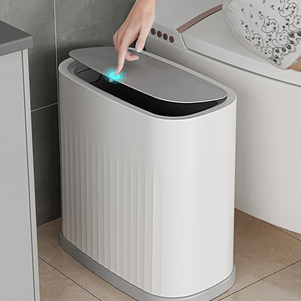 

Plastic Trash Can Wastebasket Small White Press Type Covered Kitchen Bathroom Bedroom Garbage Container Bin Household Portable
