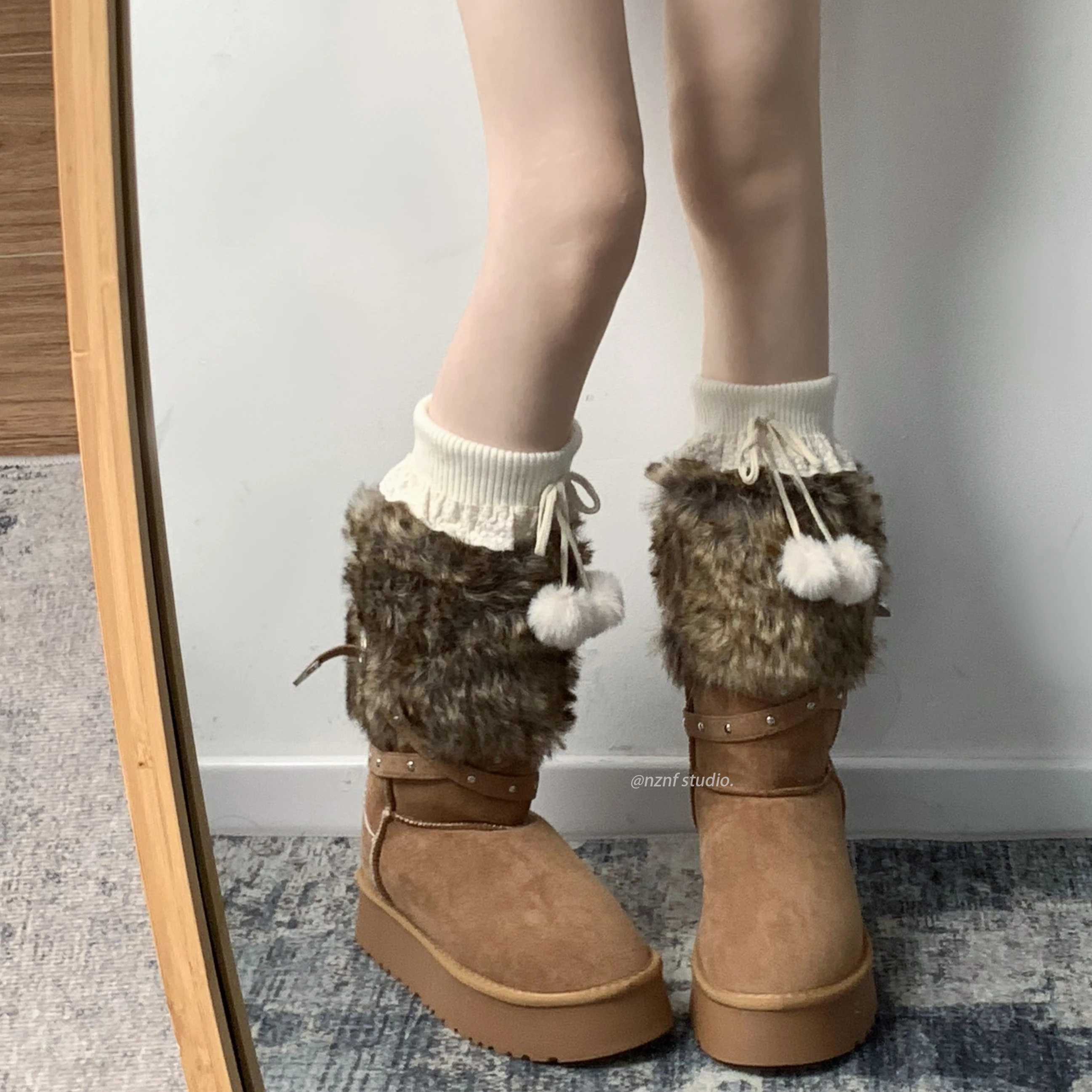 CHABELLA Buckle Plush Warm Women's Thick Bottom Snow Boots 2024 New Winter Fashion Outwear Anti slip Thick Plush Mid tube Cotton