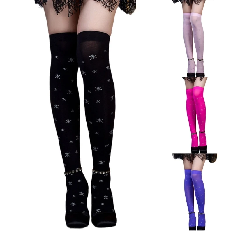 

Women Thigh High Socks Over the Knee High Stockings Japanese Lolitas Skull Print Long Socks Thin Halloween Stockings