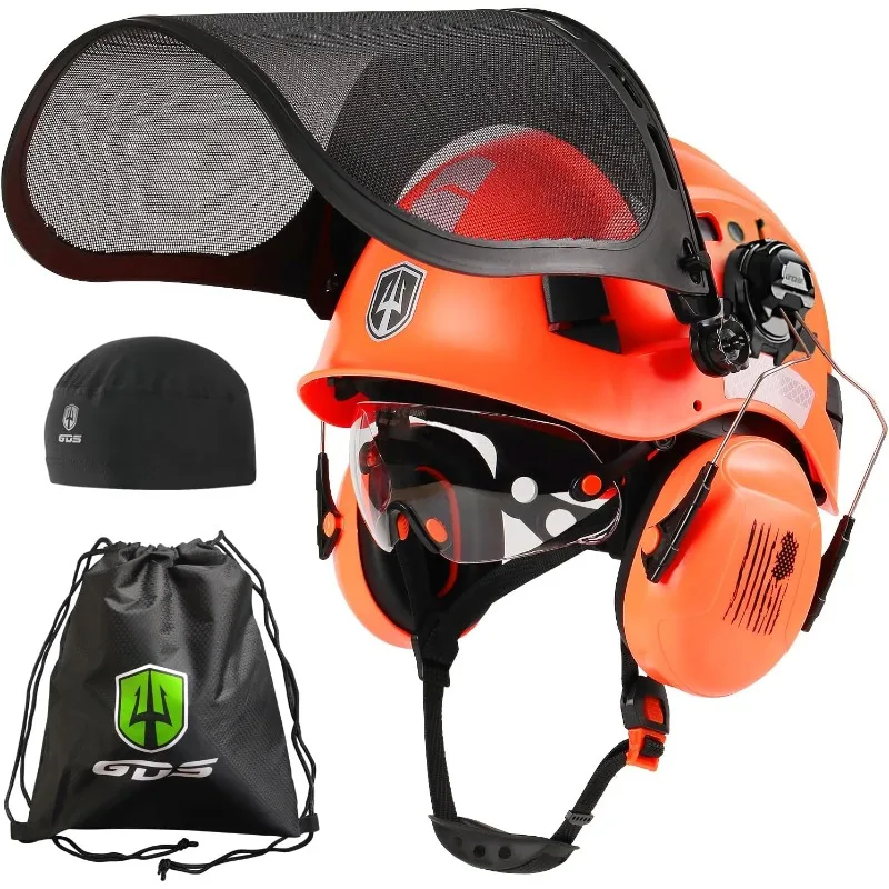 

Ventilated arborist's helmet with mesh visor with built-in visor and ear cups 5-in-1 system