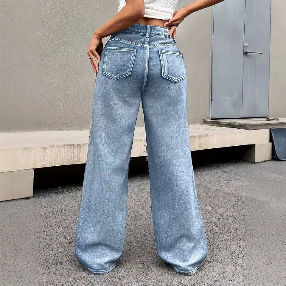Washed Mid Rise Solid Color Patchwork Jeans Loose Straight Leg Floor Length Denim Pants