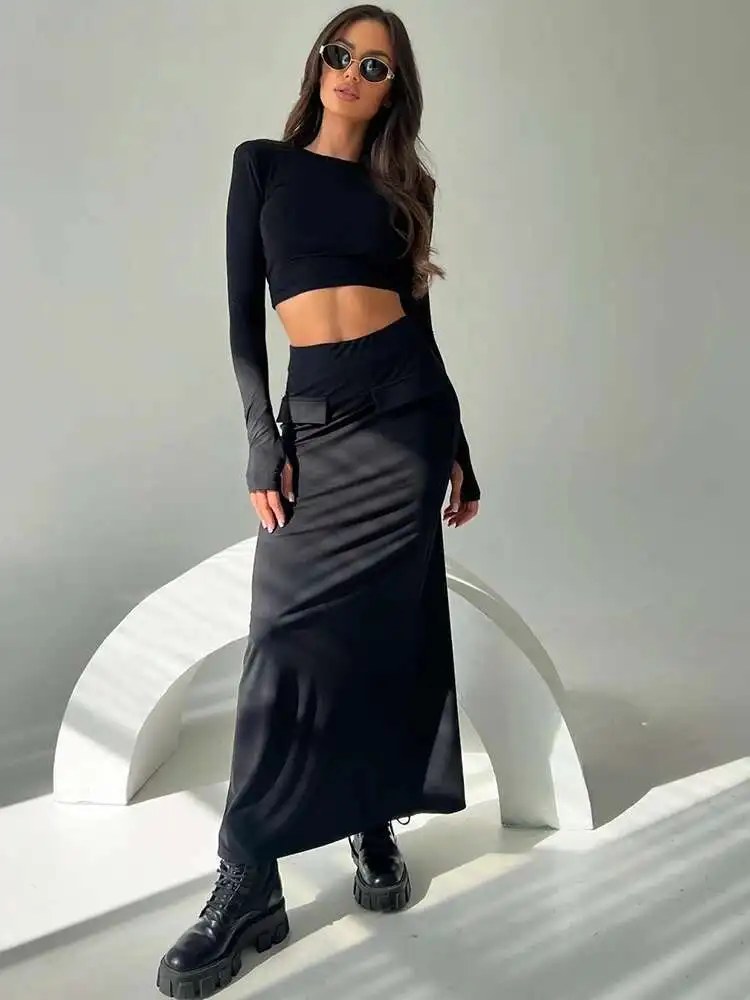 BabYoung جولة الرقبة قطعتين المرأة البدلة كم تي شيرت طويل الإناث الخريف الشتاء ضئيلة تنورة أنيقة مجموعات