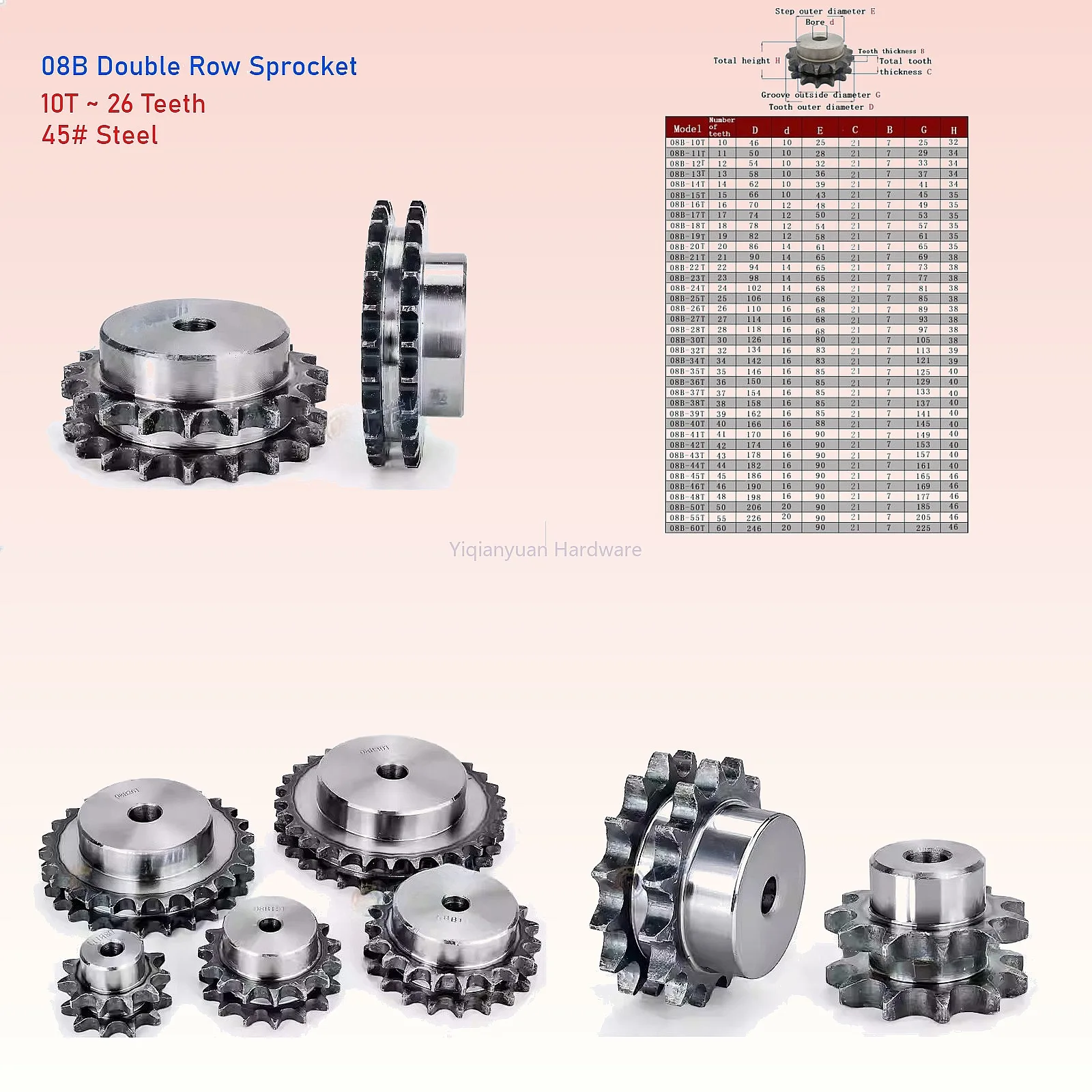 Yiqianyuan 1Piece 08B Double Row Sprocket 10-26 Teeth 45# Steel Industrial Machinery Transmission Gear